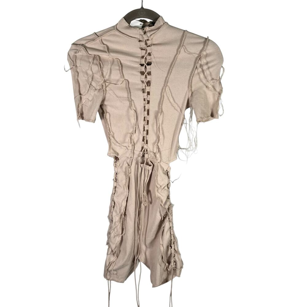 AKIRA‎ Nude Ribbed Cutout Romper S NWT Distressed Edgy Festival Jumpsuit New